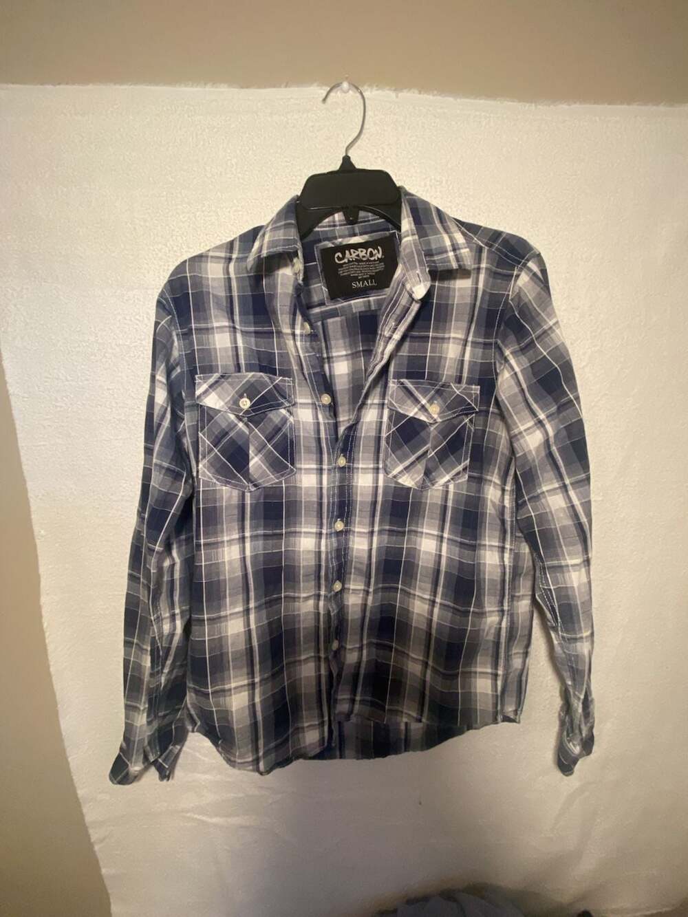 Carbon Mens Blue and White Plaid Long Sleeve Button Down Shirt